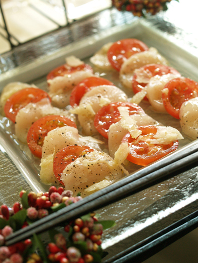 ホタテとフルーツトマトのカプレーゼ～ジンジャー...