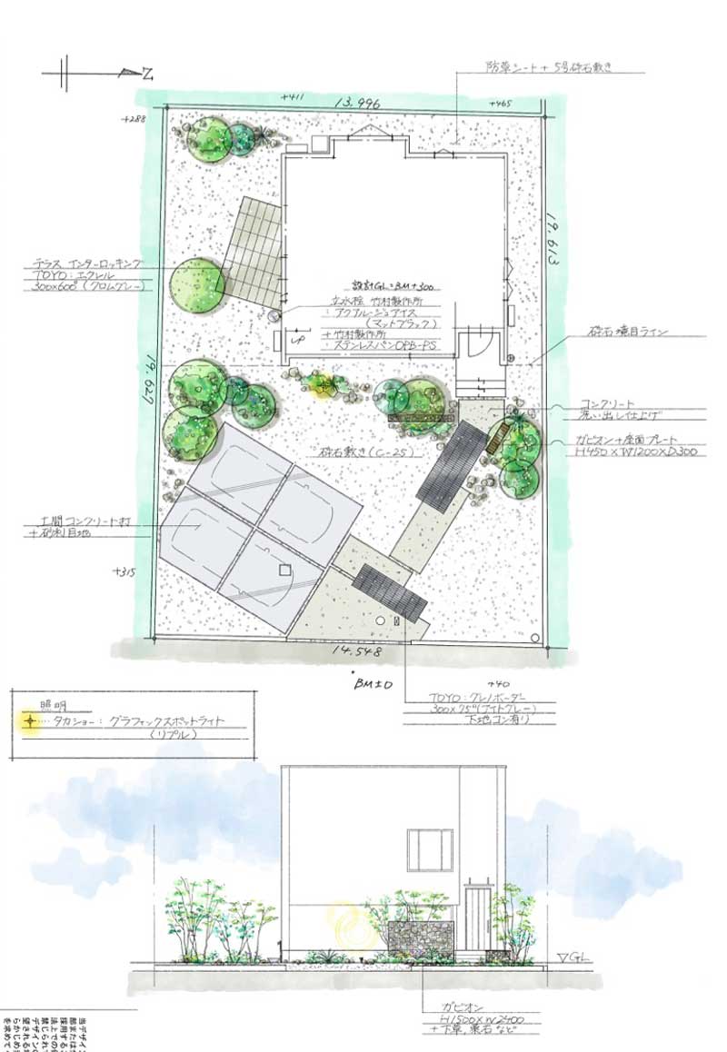 ガビオンと照明が映える家