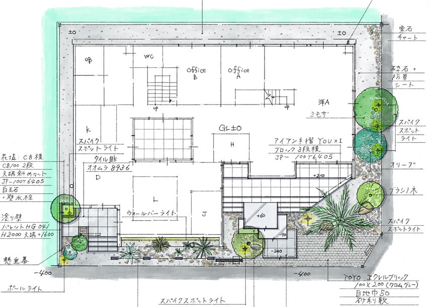 植栽まで落とし込まれた手描きのプラン図。